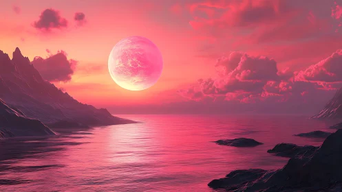 Dreamy pink alien seascape under a glowing rising moon.