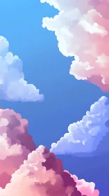 Digital sky illustration shows layered pastel cumulus clouds