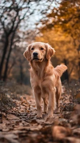 Golden retriever on autumn forest path in warm bokeh light.
