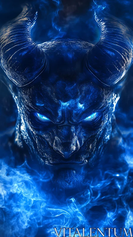 Horned blue demon head glows amid swirling spectral flames.