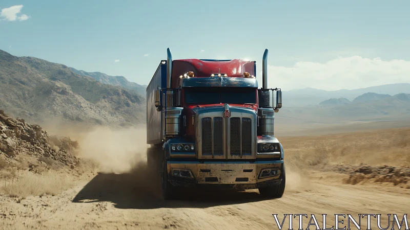Red blue semi truck powers down dusty desert road.