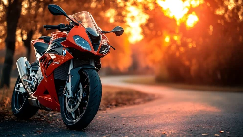 Sport motorcycle stands on curved road at warm sunset