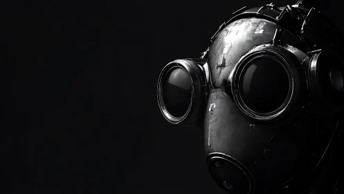 Corroded monocular respirator helm in low-key digital render.