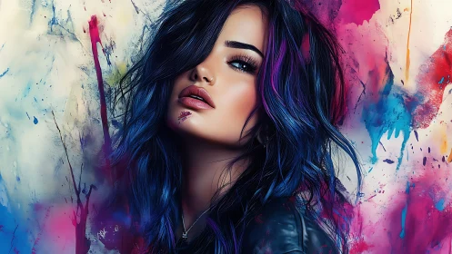 Neon-tipped midnight muse leans into the splattered storm