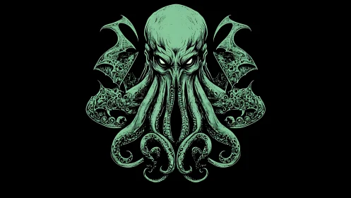 Bioluminescent Cthulhu bust with wings, vector linework on black