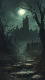 Moonlit ruin dominates a desaturated, mist-laden forest path