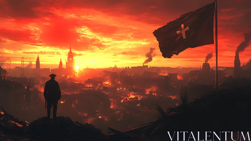 Commander overlooks burning city beneath crimson sky.