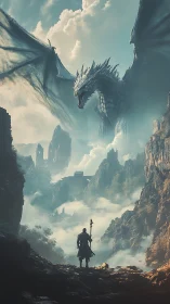 Solitary figure confronts large dragon in mist-filled canyon
