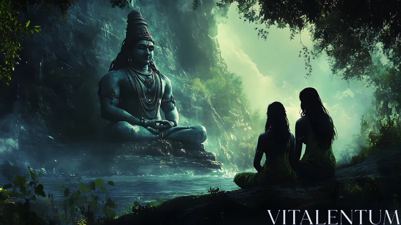 Monolithic Shiva statue by misted jungle river with meditating figures