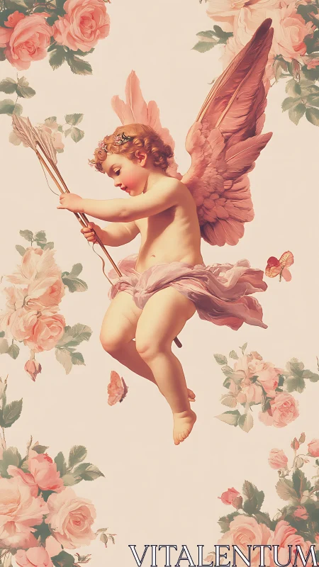 Baroque-inspired cherub with bow suspended amid rose garlands