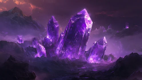 Midnight amethyst monoliths ignite a mist-wreathed valley.
