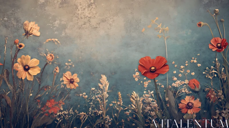 Vintage Botanical Composition with Poppies and Daisies Against Weathered Backdrop