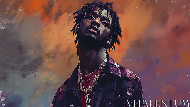 Digital portrait of man with chains against abstract sky background.