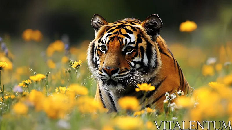 Quiet tiger resting softly among golden wildflowers.