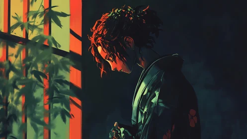 Solitary figure in kimono studies light beside shoji window