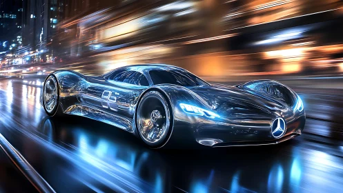 Futuristic chrome concept car racing through neon city night.