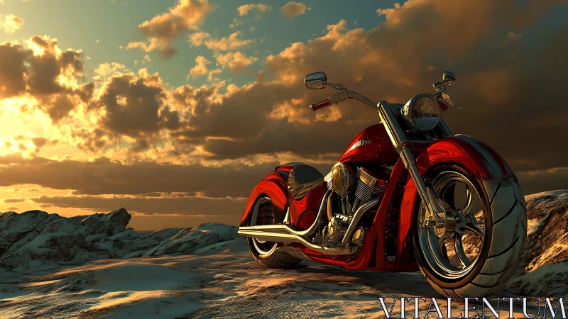 Chromed desert cruiser under volumetric sunset illumination.