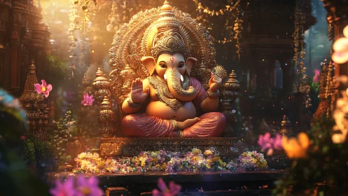 Ganesha statue sits on ornate golden throne in vivid shrine