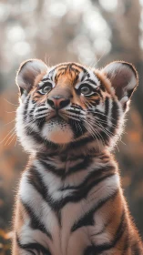 Wide-eyed tiger cub dreaming under soft honeyed forest light.