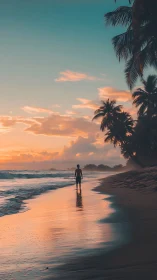 Sunset shoreline walk with palm silhouettes and tidal reflection.