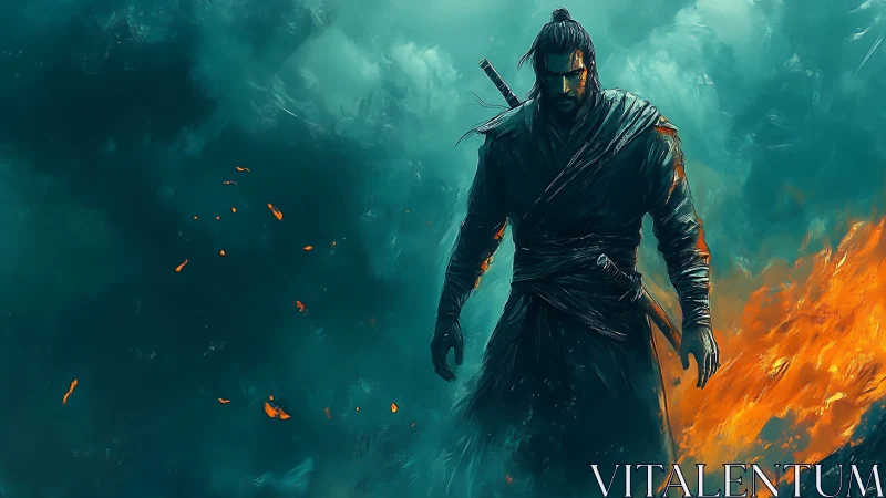 Solitary samurai strides through fire and swirling mist.