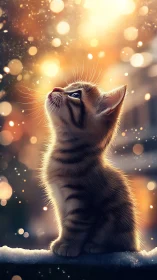 Golden Light Kitten Looking Upward in Magical Sparkle