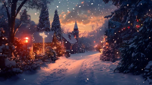 Snow-covered village lane with warm bokeh lighting and dusk sky