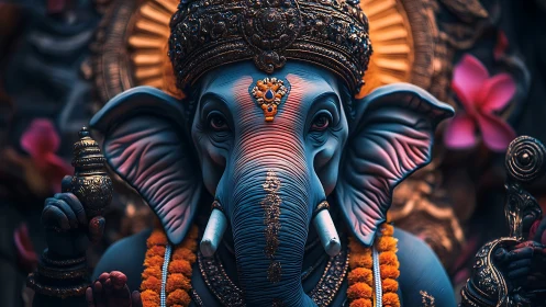 Ornate blue Ganesha idol rendered in cinematic digital lighting