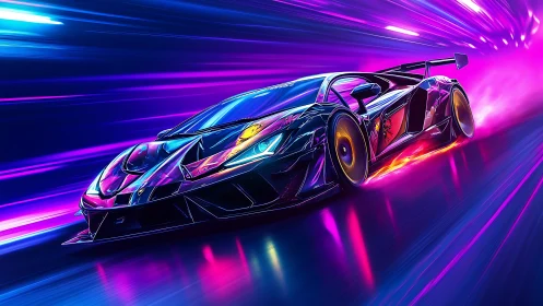 Neon hypercar accelerates through luminous cyber tunnel