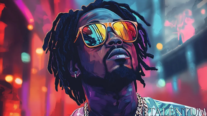 Neon city dreamer in mirrored shades and liquid light glow.