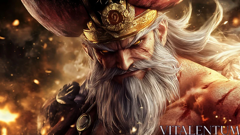 Battle-hardened warrior king with golden crown and scars.