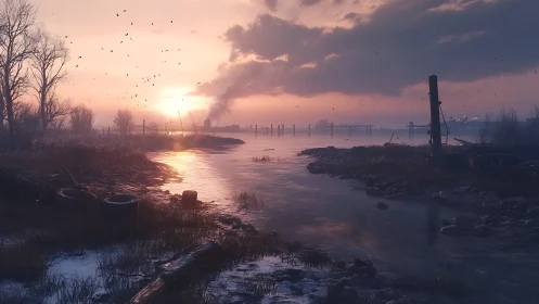 Photorealistic industrial marshland sunset with leading channel.
