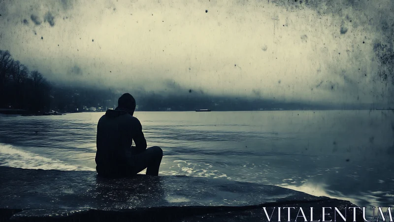 Solitary hooded figure sits by misty lakeshore at dusk