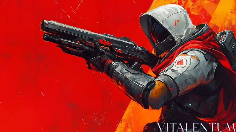 Hooded sci fi sniper aims forward against blazing red void