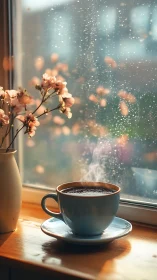 Steam rises from a coffee cup on a window ledge