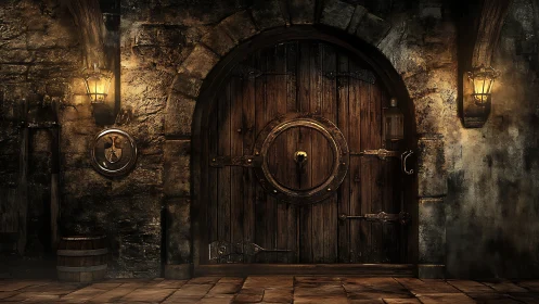 Timberbound tavern gate guarding a glowlit medieval secret.