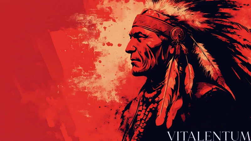 Portrait of an elder in feathered headdress against red sky.