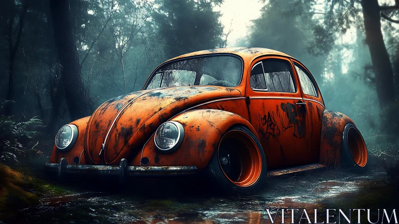 Rusty orange beetle resting quietly in a misty forest clearing.