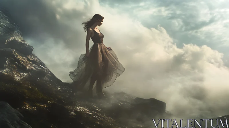 Woman in sheer dress stands on rocky cliff amid dense clouds