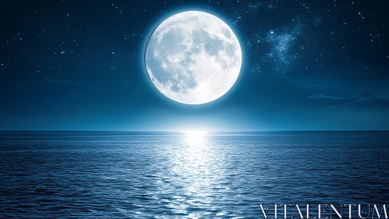 Full moon aligned over calm ocean horizon with bright reflection