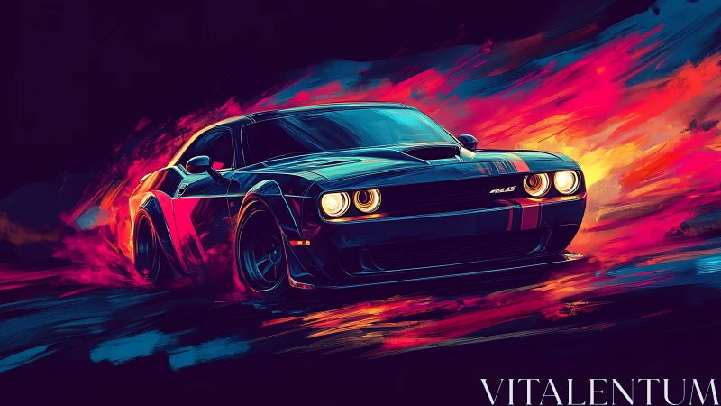 Muscle car charges through neon firestorm at high speed.