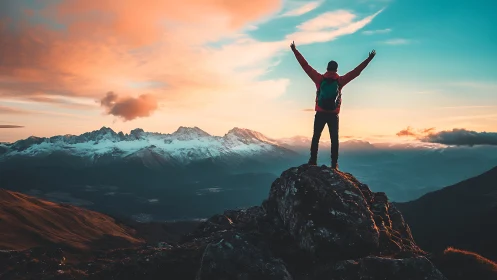 Hiker celebrates sunrise atop mountain peak in glowing sky.