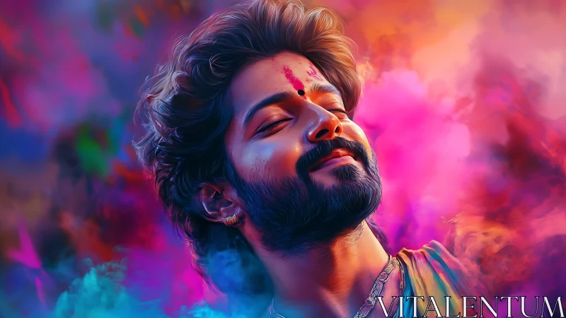 Joyful man immersed in vibrant festival colors and light