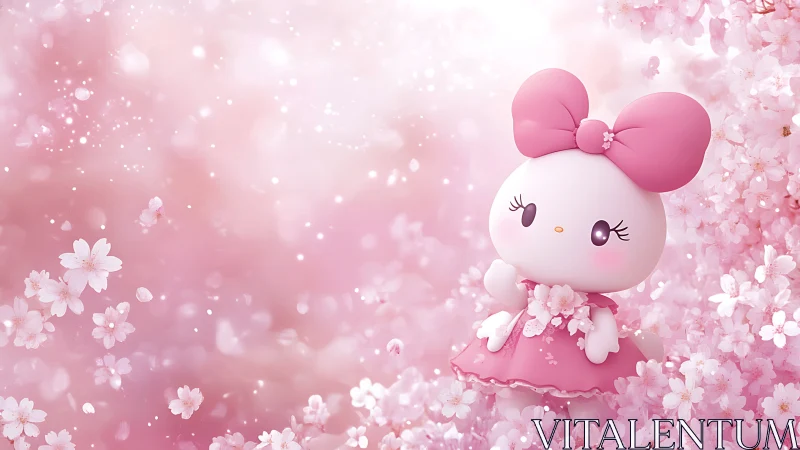 Pink cartoon bunny figure among soft cherry blossoms.