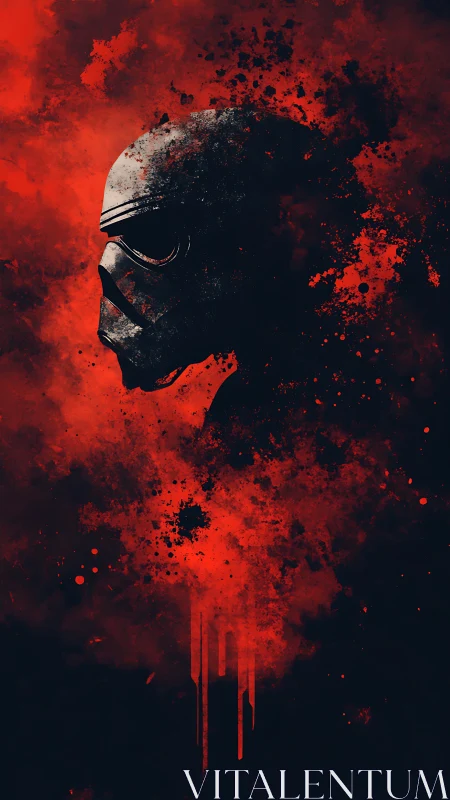 Grunge helmet silhouette in red particulate nebula field