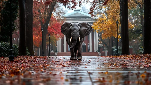 Elephant on wet campus walkway with autumn foliage and hall.