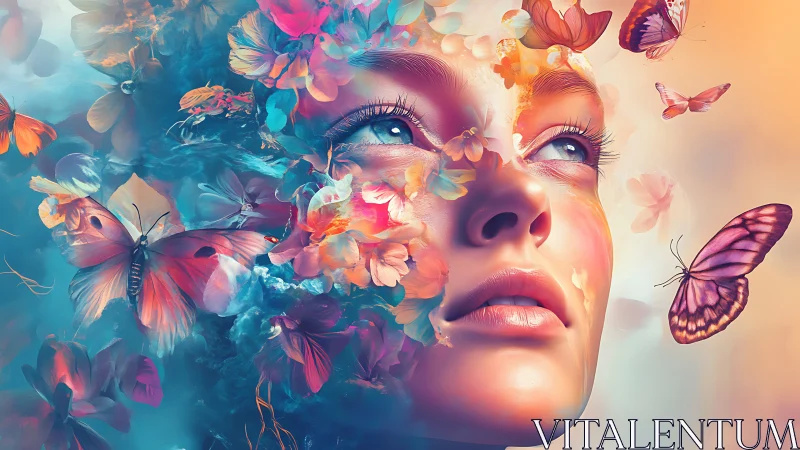 Dreamy butterfly muse wrapped in glowing pastel blooms.
