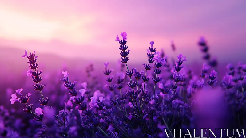 Lavender field at sunset with purple-toned atmospheric depth.