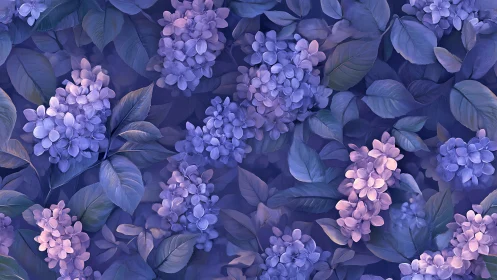 Purple Hydrangea Blooms with Layered Foliage Study.