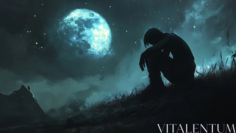 Silhouetted lone figure on hillside under luminous cyan moon